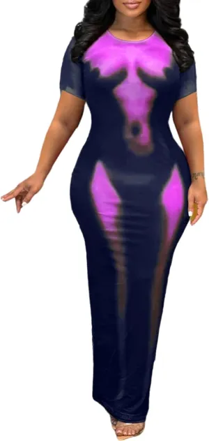 XZLUFNY Y2K 3D Body Print Maxi Dress Women Aesthetic Short Sleeve Party Dress