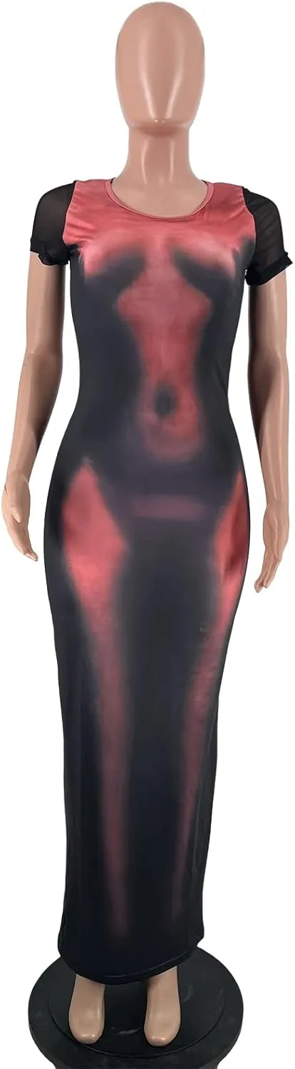 XZLUFNY Y2K 3D Body Print Maxi Dress Women Aesthetic Short Sleeve Party Dress