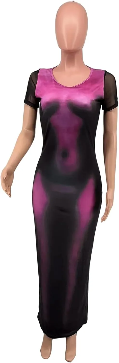 XZLUFNY Y2K 3D Body Print Maxi Dress Women Aesthetic Short Sleeve Party Dress