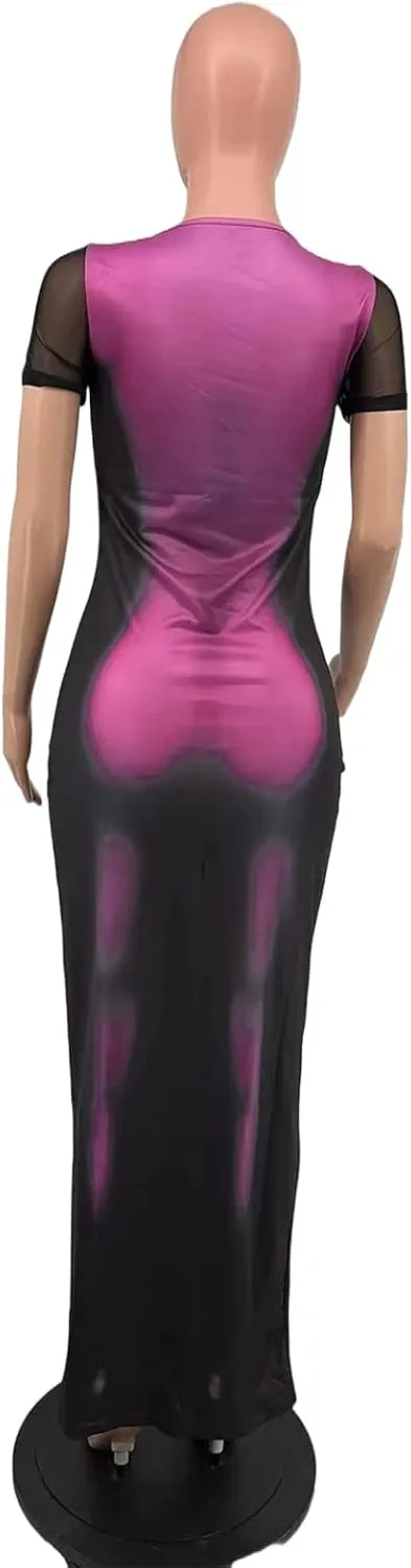 XZLUFNY Y2K 3D Body Print Maxi Dress Women Aesthetic Short Sleeve Party Dress
