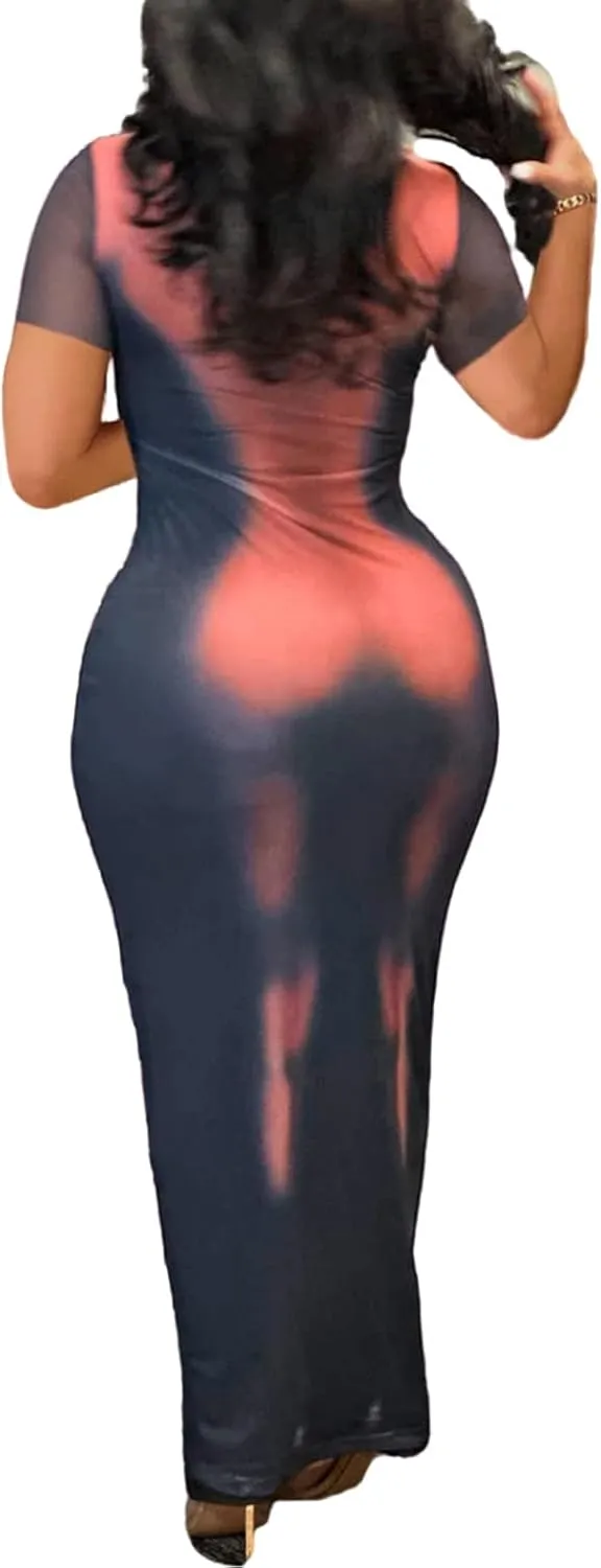 XZLUFNY Y2K 3D Body Print Maxi Dress Women Aesthetic Short Sleeve Party Dress