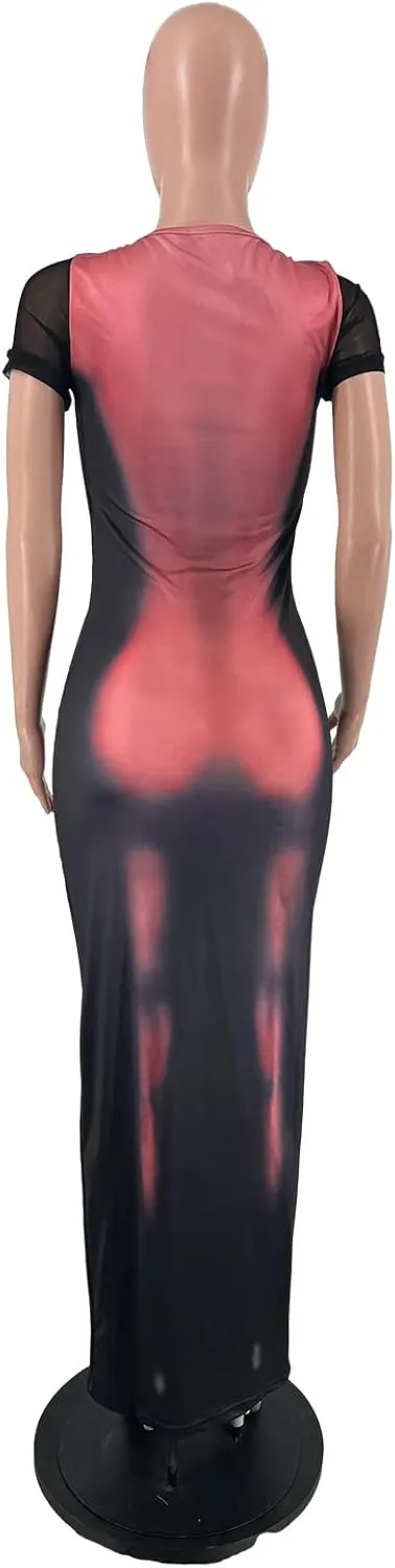 XZLUFNY Y2K 3D Body Print Maxi Dress Women Aesthetic Short Sleeve Party Dress