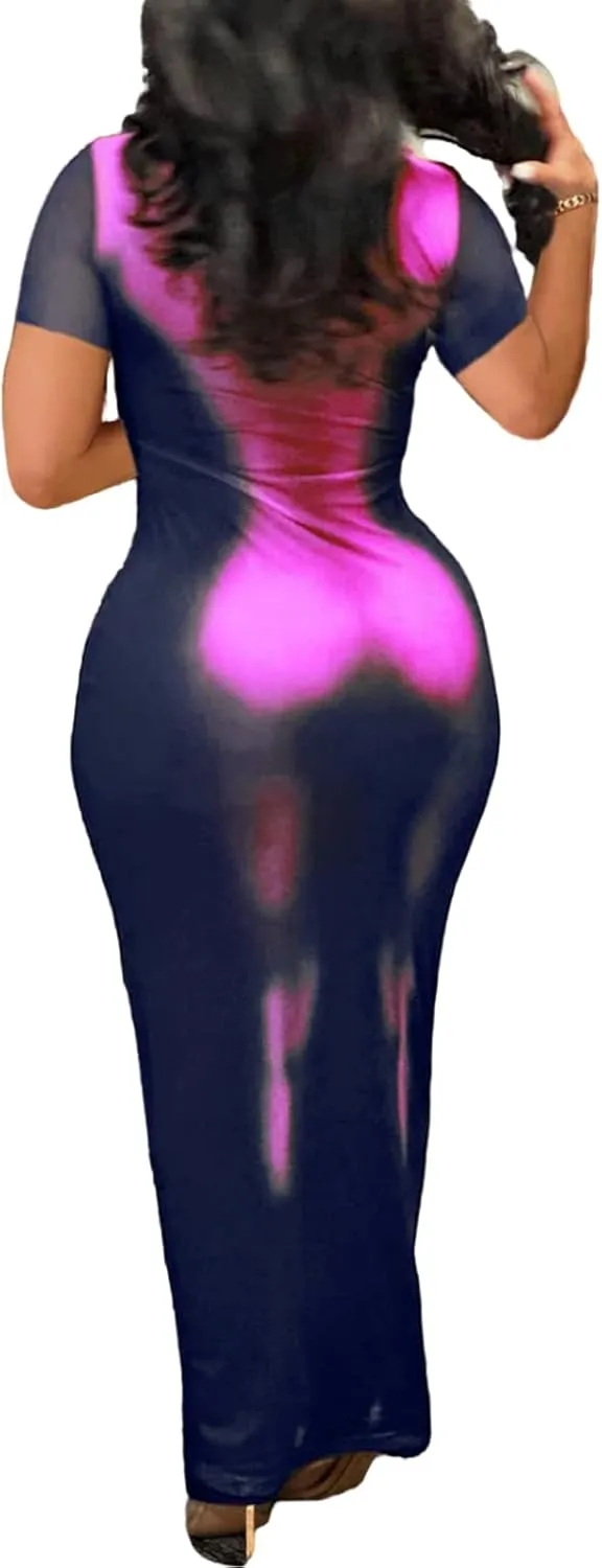 XZLUFNY Y2K 3D Body Print Maxi Dress Women Aesthetic Short Sleeve Party Dress