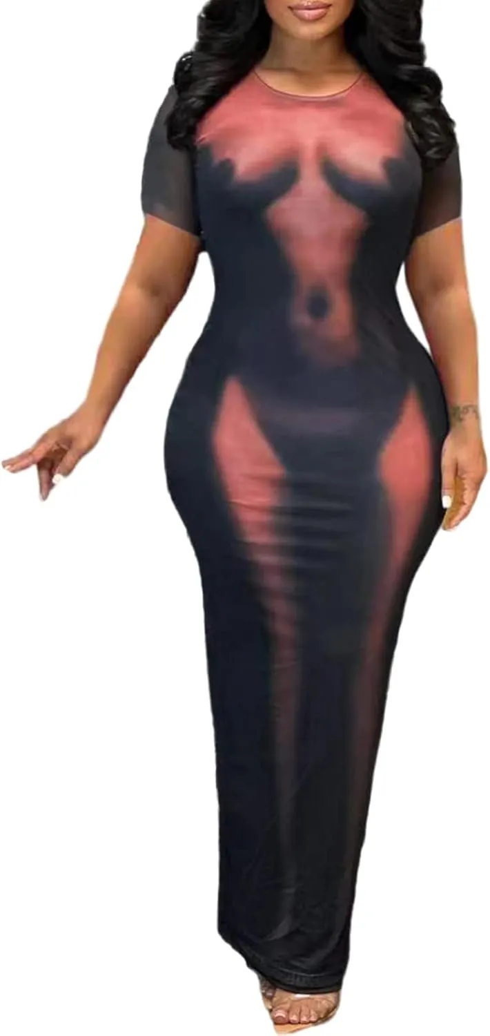 XZLUFNY Y2K 3D Body Print Maxi Dress Women Aesthetic Short Sleeve Party Dress