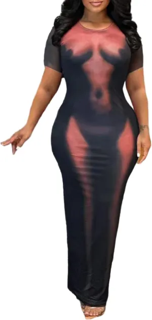 XZLUFNY Y2K 3D Body Print Maxi Dress Women Aesthetic Short Sleeve Party Dress