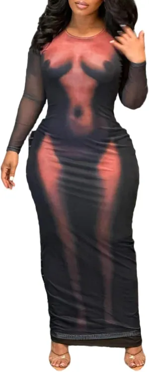 XZLUFNY Y2K 3D Body Print Maxi Dress Women Aesthetic Short Sleeve Party Dress