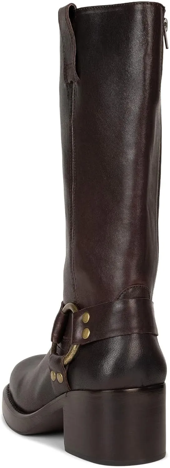 Yishaweiqi Women's Studds Biker Boots Chunky Heel Square Toe Knee High Boots Side Zipper Western Boots Fall Dress Riding Boots Motorcycle Boots