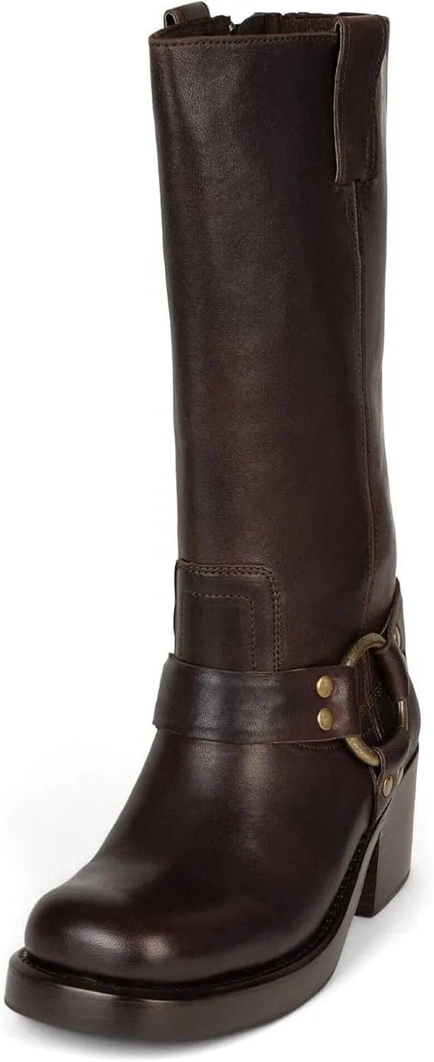 Yishaweiqi Women's Studds Biker Boots Chunky Heel Square Toe Knee High Boots Side Zipper Western Boots Fall Dress Riding Boots Motorcycle Boots