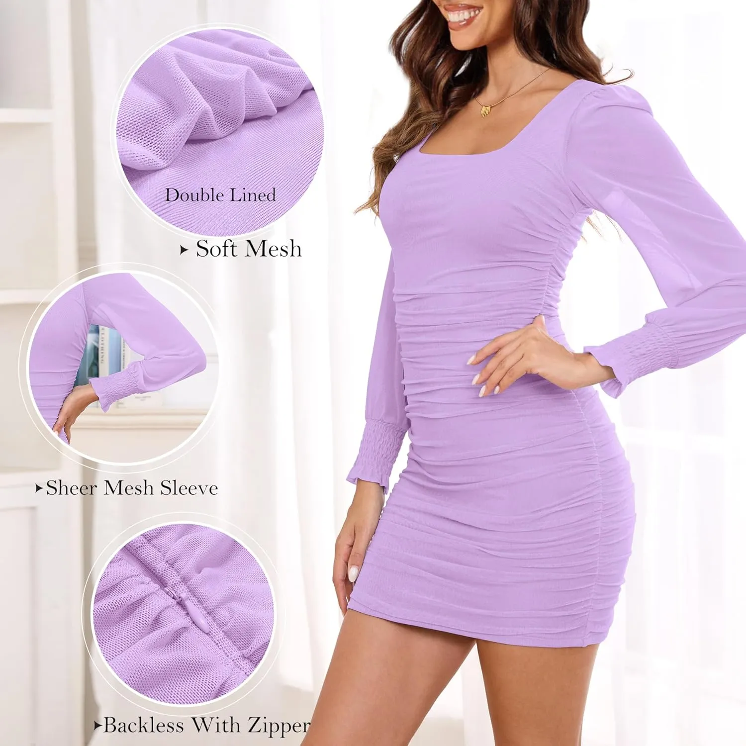 Zattcas Women's 2025 Spring Summer Mesh Long Sleeve Square Neck Ruched Wedding Guest Cocktail Party Club Bodycon Mini Dress