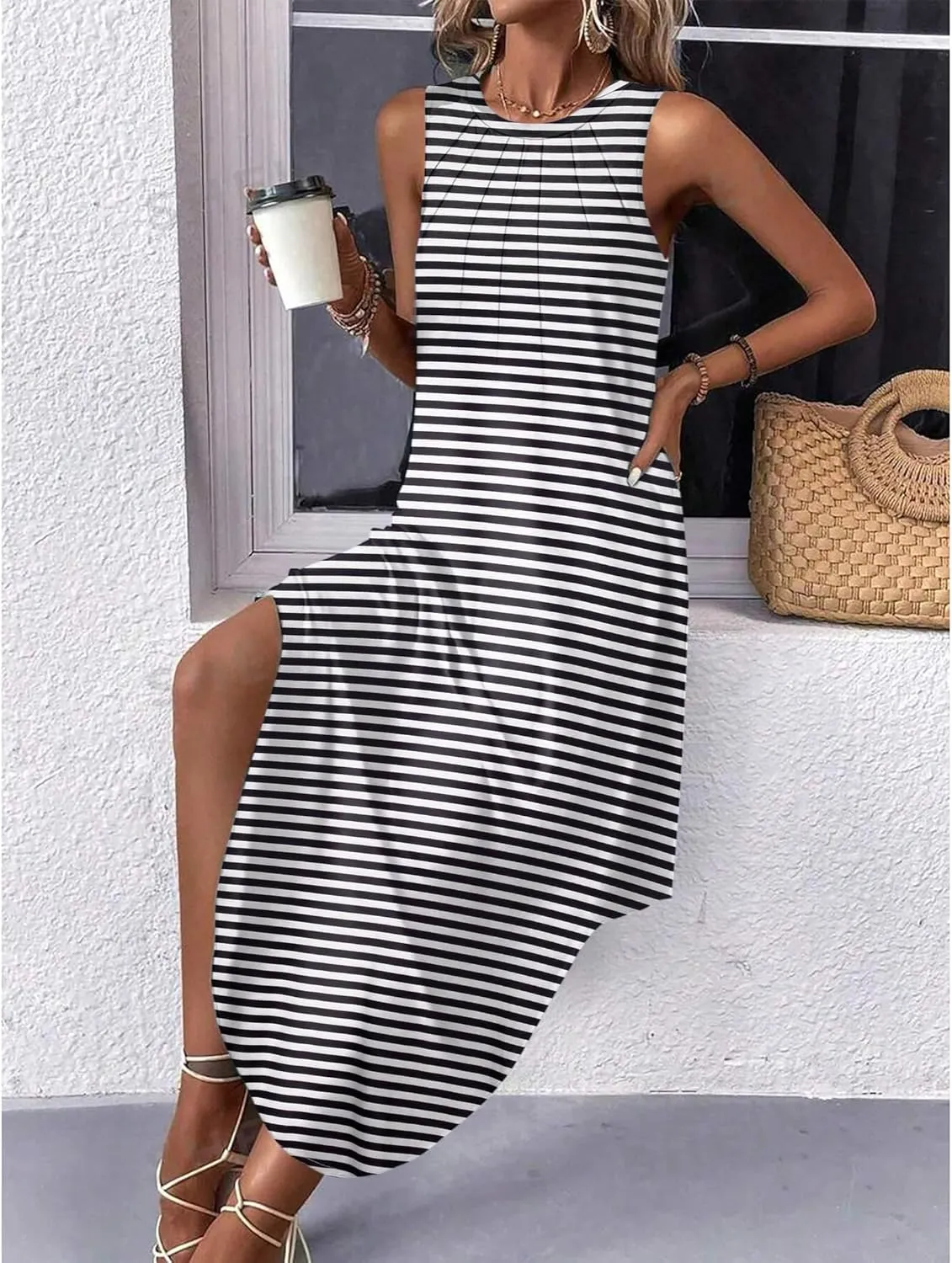 Zeagoo Women Floral Summer Dress Casual Beach Dress Printed Tank Dress with Pockets Pleated Front Long Dress