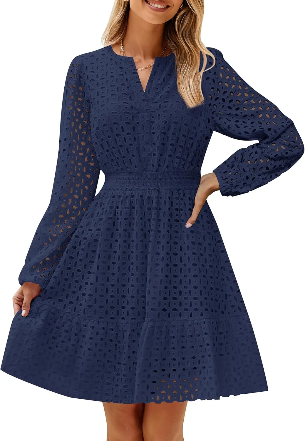 ZESICA Women's 2025 Long Sleeve Mini Dress Spring V Neck Hollow Out Eyelet Embroidery Ruffle A Line Swing Short Dresses