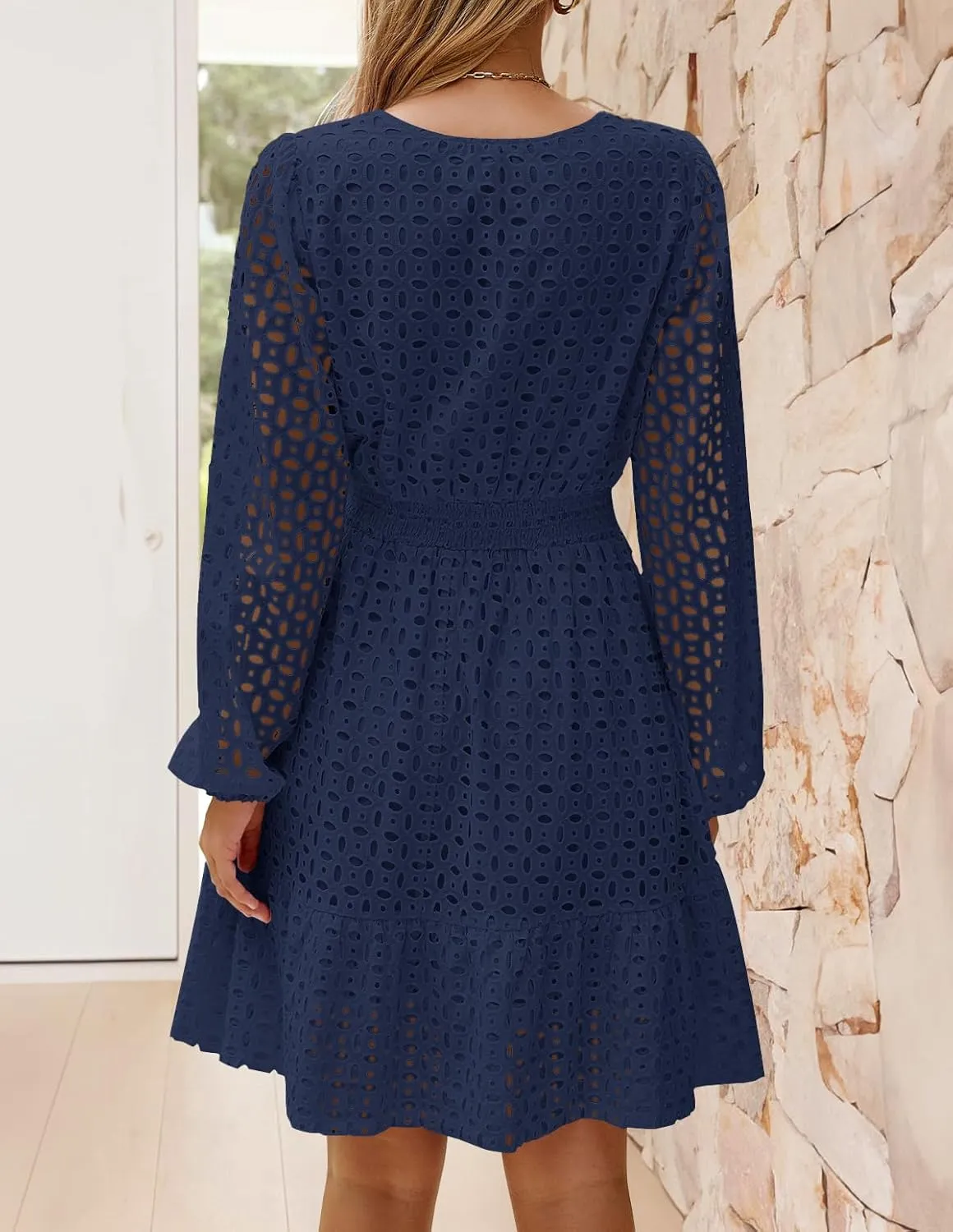ZESICA Women's 2025 Long Sleeve Mini Dress Spring V Neck Hollow Out Eyelet Embroidery Ruffle A Line Swing Short Dresses