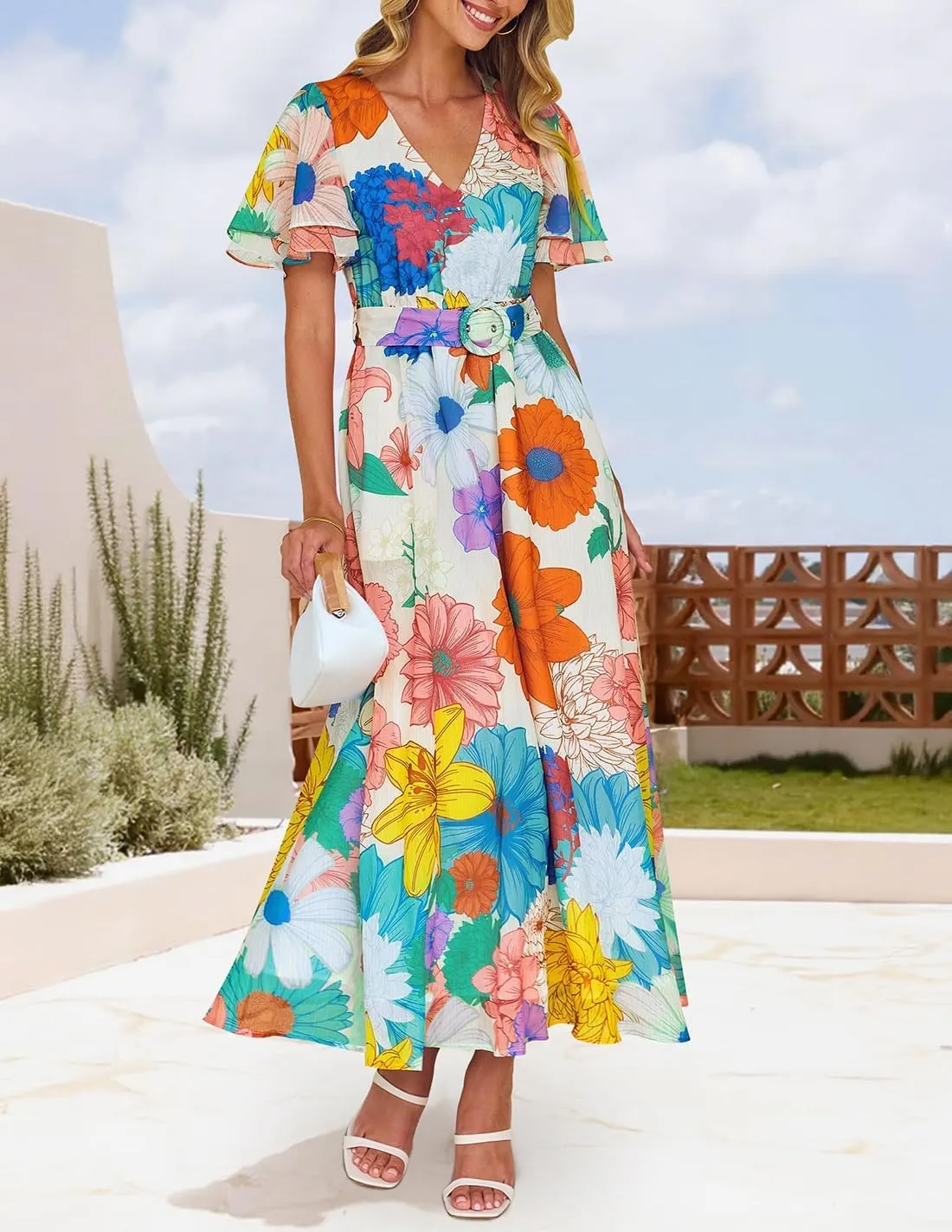 ZESICA Women's 2025 Summer Floral V Neck Midi Dress Boho Short Sleeve High Waist Flowy Beach Vacation Dresses with Belt