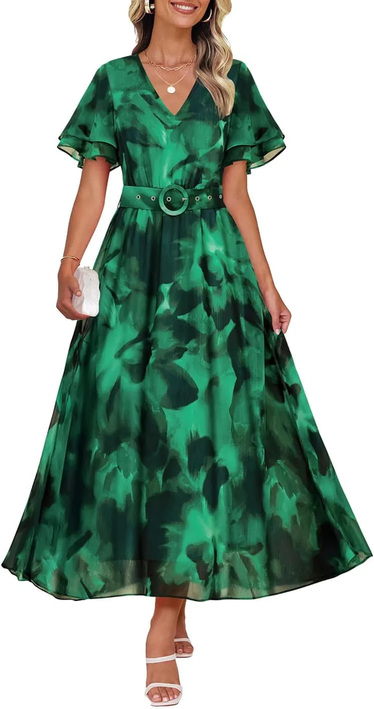 ZESICA Women's 2025 Summer Floral V Neck Midi Dress Boho Short Sleeve High Waist Flowy Beach Vacation Dresses with Belt