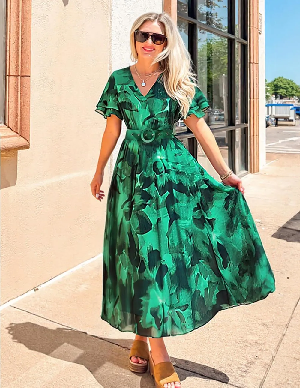 ZESICA Women's 2025 Summer Floral V Neck Midi Dress Boho Short Sleeve High Waist Flowy Beach Vacation Dresses with Belt