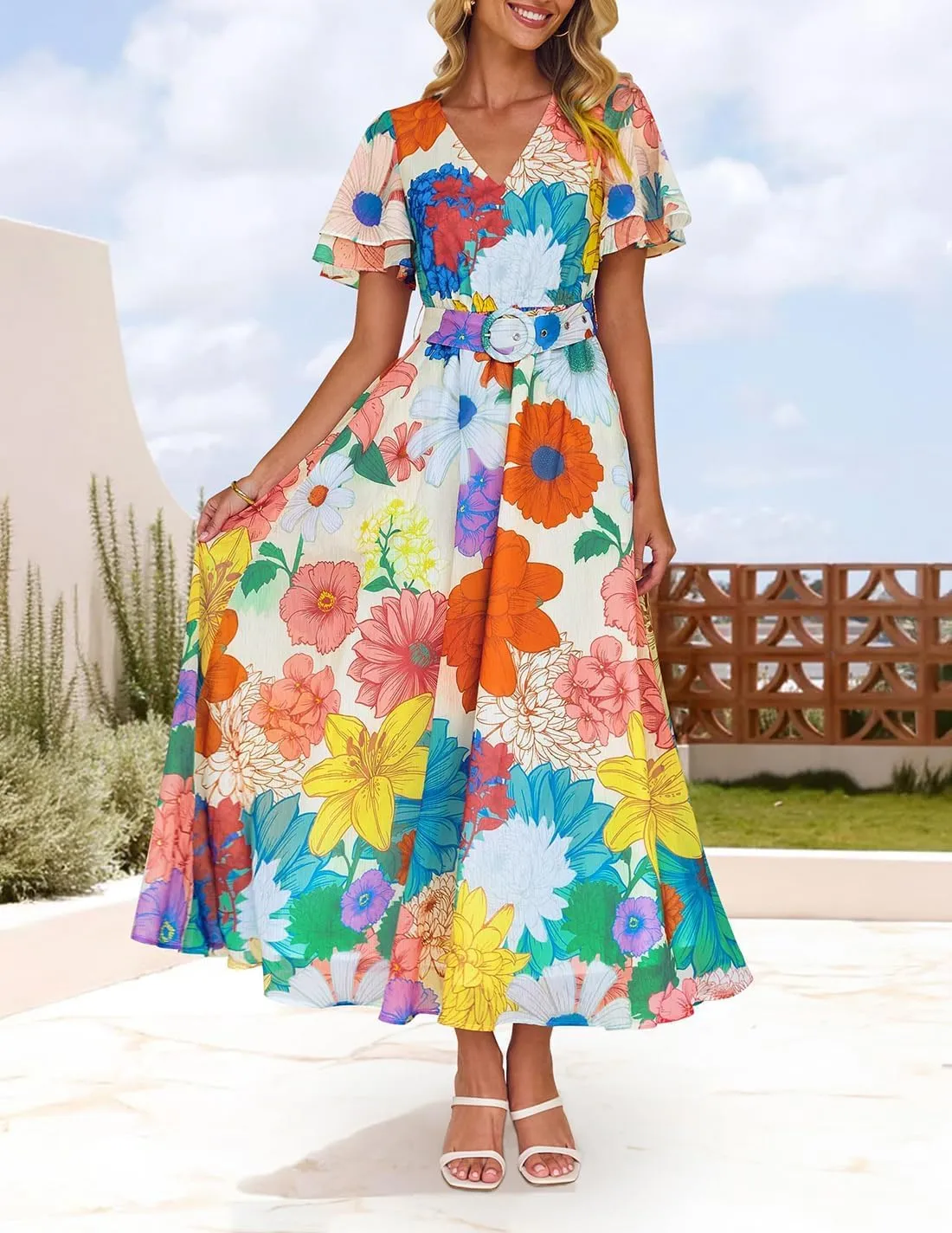 ZESICA Women's 2025 Summer Floral V Neck Midi Dress Boho Short Sleeve High Waist Flowy Beach Vacation Dresses with Belt