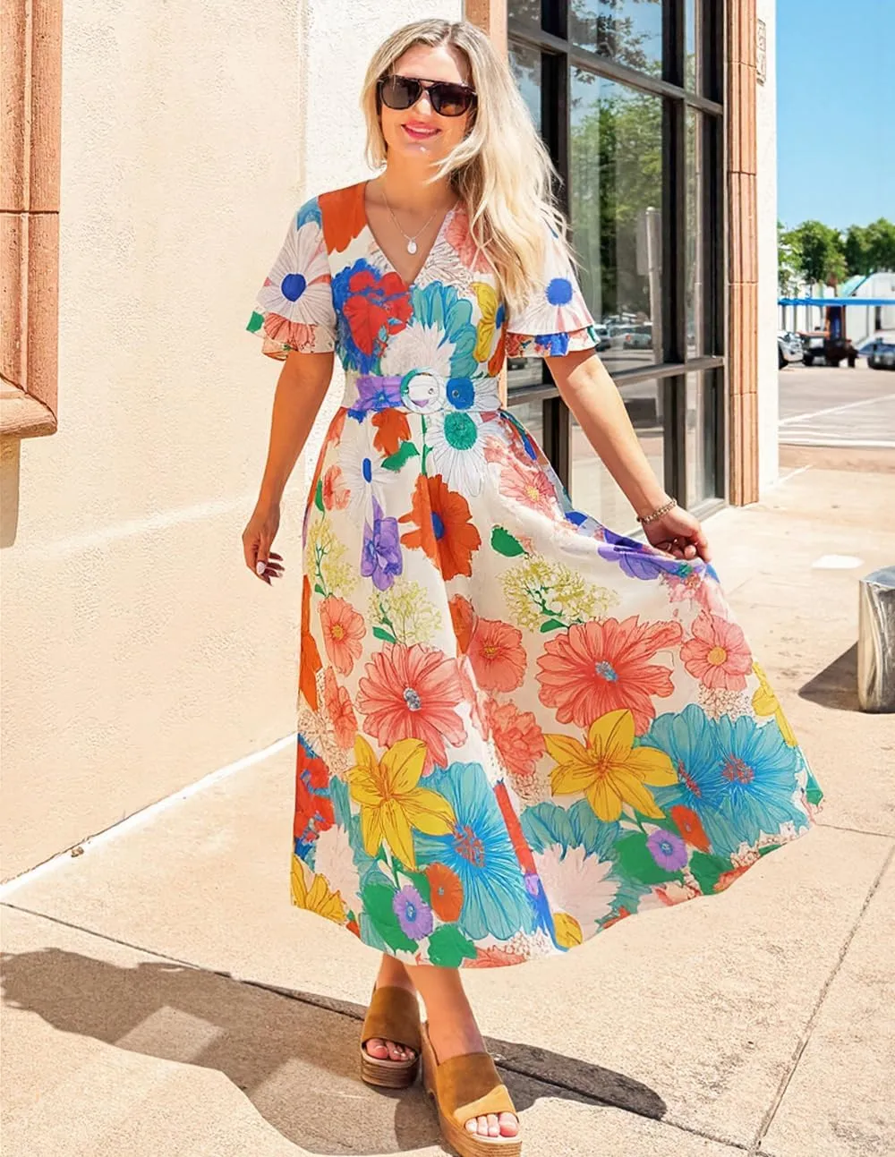 ZESICA Women's 2025 Summer Floral V Neck Midi Dress Boho Short Sleeve High Waist Flowy Beach Vacation Dresses with Belt