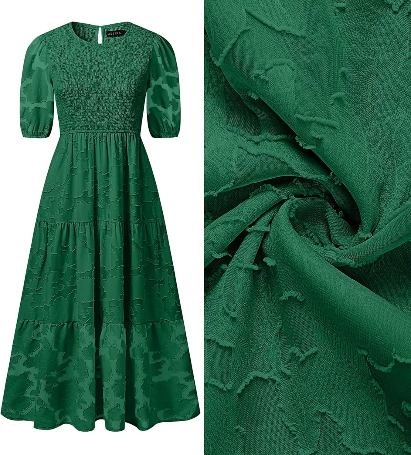 ZESICA Women's 2025 Summer Short Puff Sleeve Crewneck Smocked Floral Lace Flowy A Line Tiered Maxi Dresses