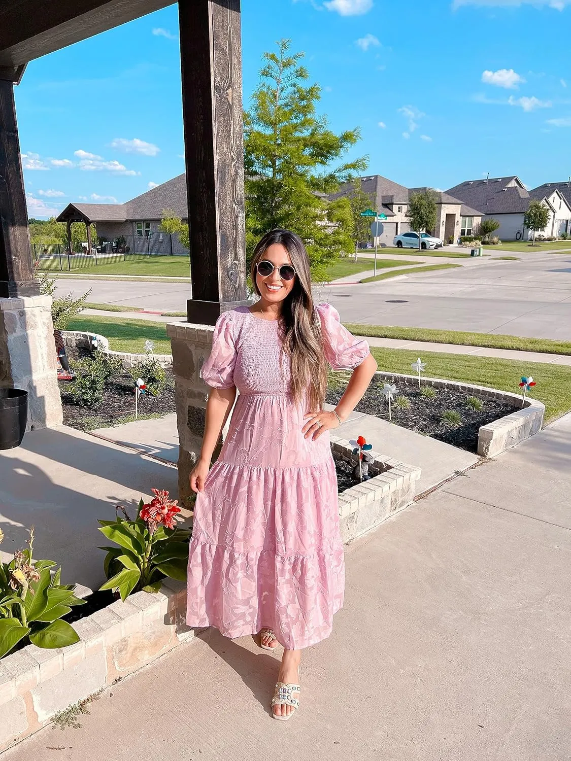 ZESICA Women's 2025 Summer Short Puff Sleeve Crewneck Smocked Floral Lace Flowy A Line Tiered Maxi Dresses