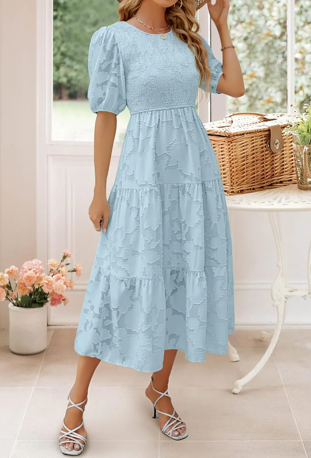 ZESICA Women's 2025 Summer Short Puff Sleeve Crewneck Smocked Floral Lace Flowy A Line Tiered Maxi Dresses