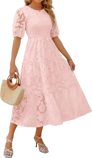 ZESICA Women's 2025 Summer Short Puff Sleeve Crewneck Smocked Floral Lace Flowy A Line Tiered Maxi Dresses