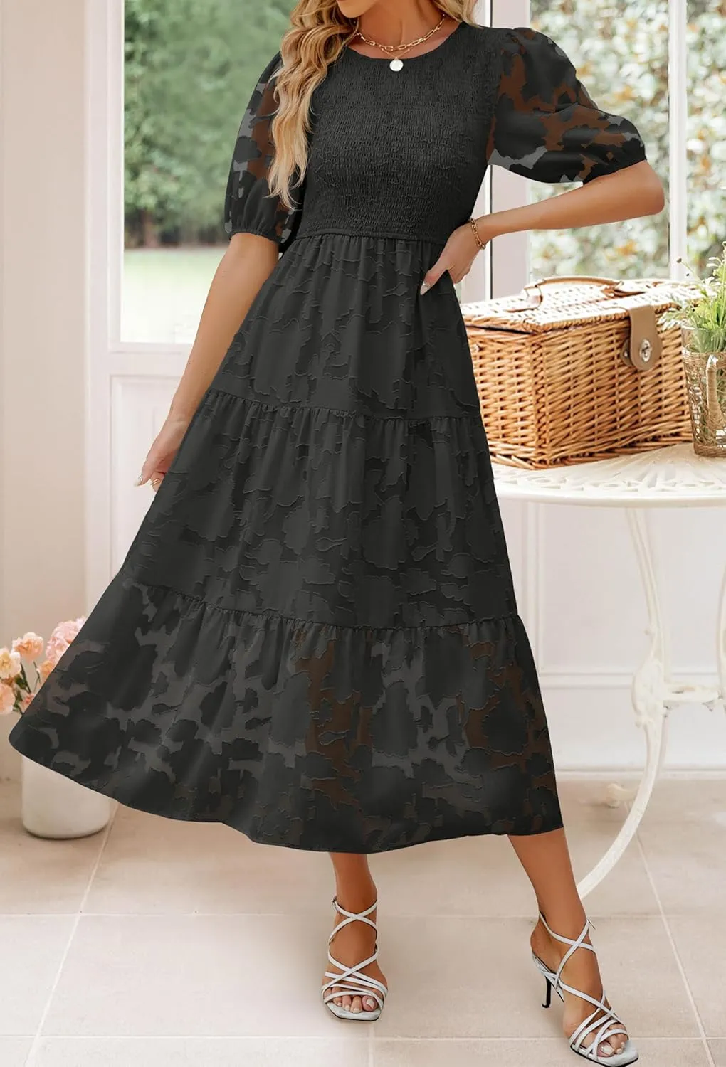 ZESICA Women's 2025 Summer Short Puff Sleeve Crewneck Smocked Floral Lace Flowy A Line Tiered Maxi Dresses