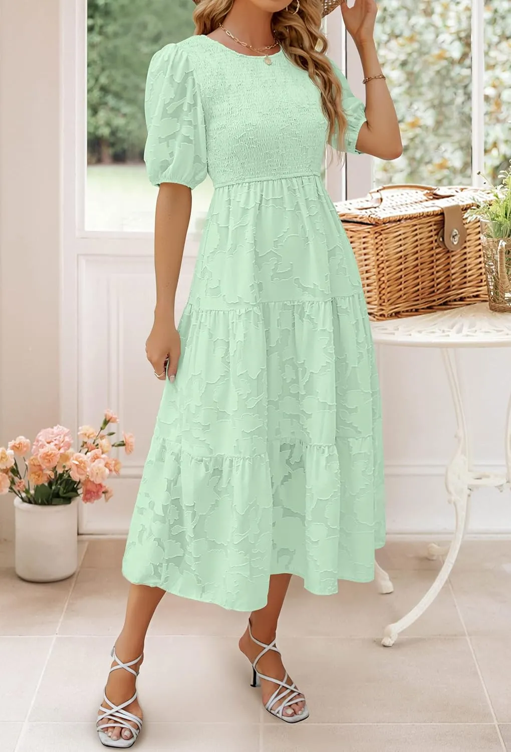 ZESICA Women's 2025 Summer Short Puff Sleeve Crewneck Smocked Floral Lace Flowy A Line Tiered Maxi Dresses