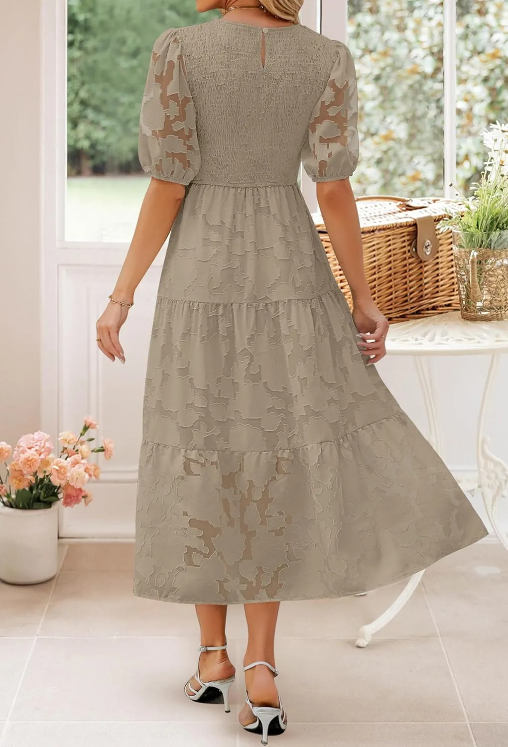 ZESICA Women's 2025 Summer Short Puff Sleeve Crewneck Smocked Floral Lace Flowy A Line Tiered Maxi Dresses