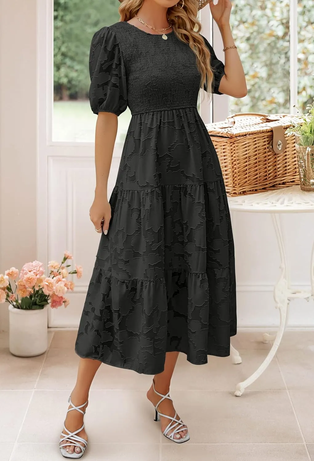 ZESICA Women's 2025 Summer Short Puff Sleeve Crewneck Smocked Floral Lace Flowy A Line Tiered Maxi Dresses