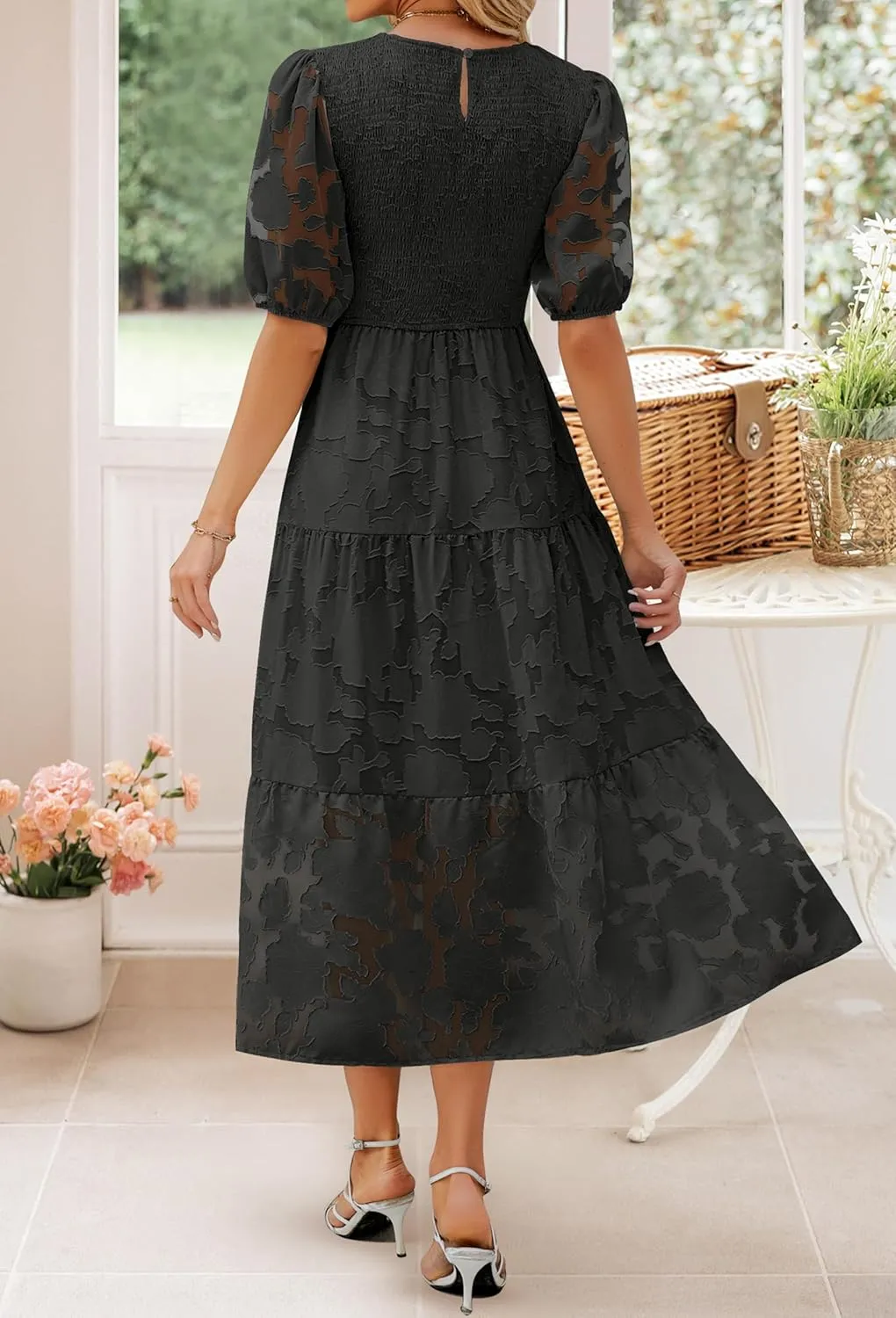 ZESICA Women's 2025 Summer Short Puff Sleeve Crewneck Smocked Floral Lace Flowy A Line Tiered Maxi Dresses
