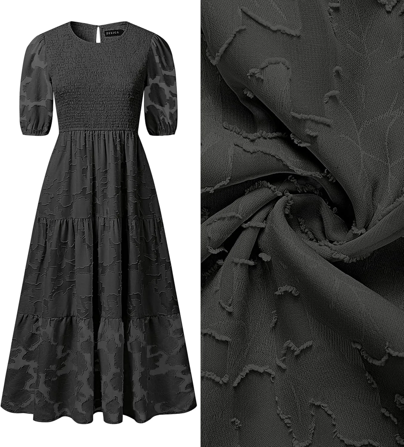 ZESICA Women's 2025 Summer Short Puff Sleeve Crewneck Smocked Floral Lace Flowy A Line Tiered Maxi Dresses