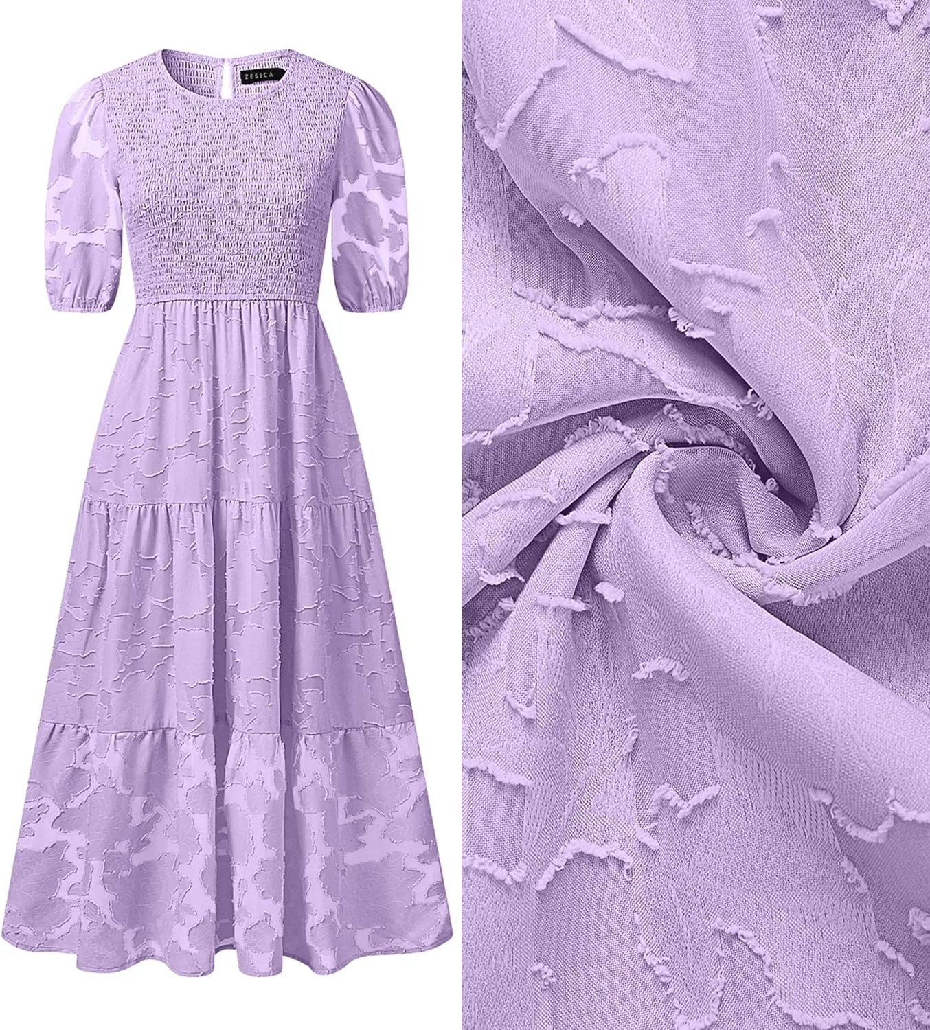 ZESICA Women's 2025 Summer Short Puff Sleeve Crewneck Smocked Floral Lace Flowy A Line Tiered Maxi Dresses