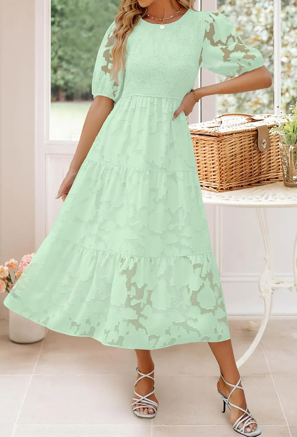 ZESICA Women's 2025 Summer Short Puff Sleeve Crewneck Smocked Floral Lace Flowy A Line Tiered Maxi Dresses