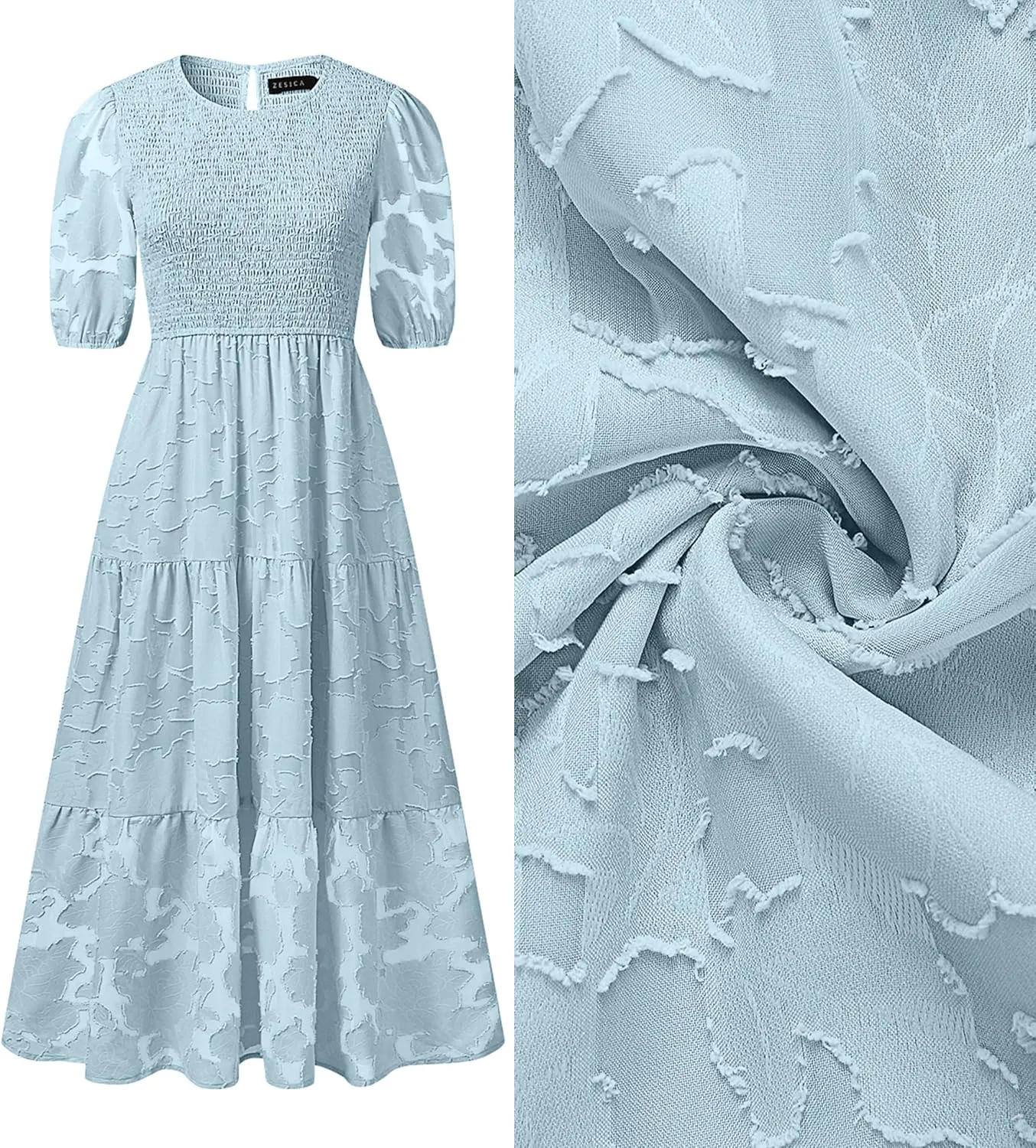 ZESICA Women's 2025 Summer Short Puff Sleeve Crewneck Smocked Floral Lace Flowy A Line Tiered Maxi Dresses