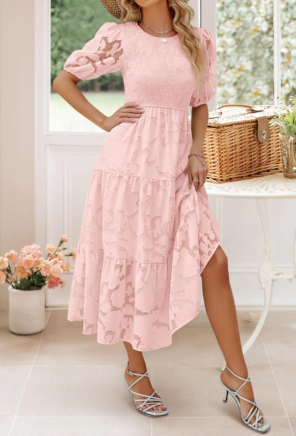 ZESICA Women's 2025 Summer Short Puff Sleeve Crewneck Smocked Floral Lace Flowy A Line Tiered Maxi Dresses