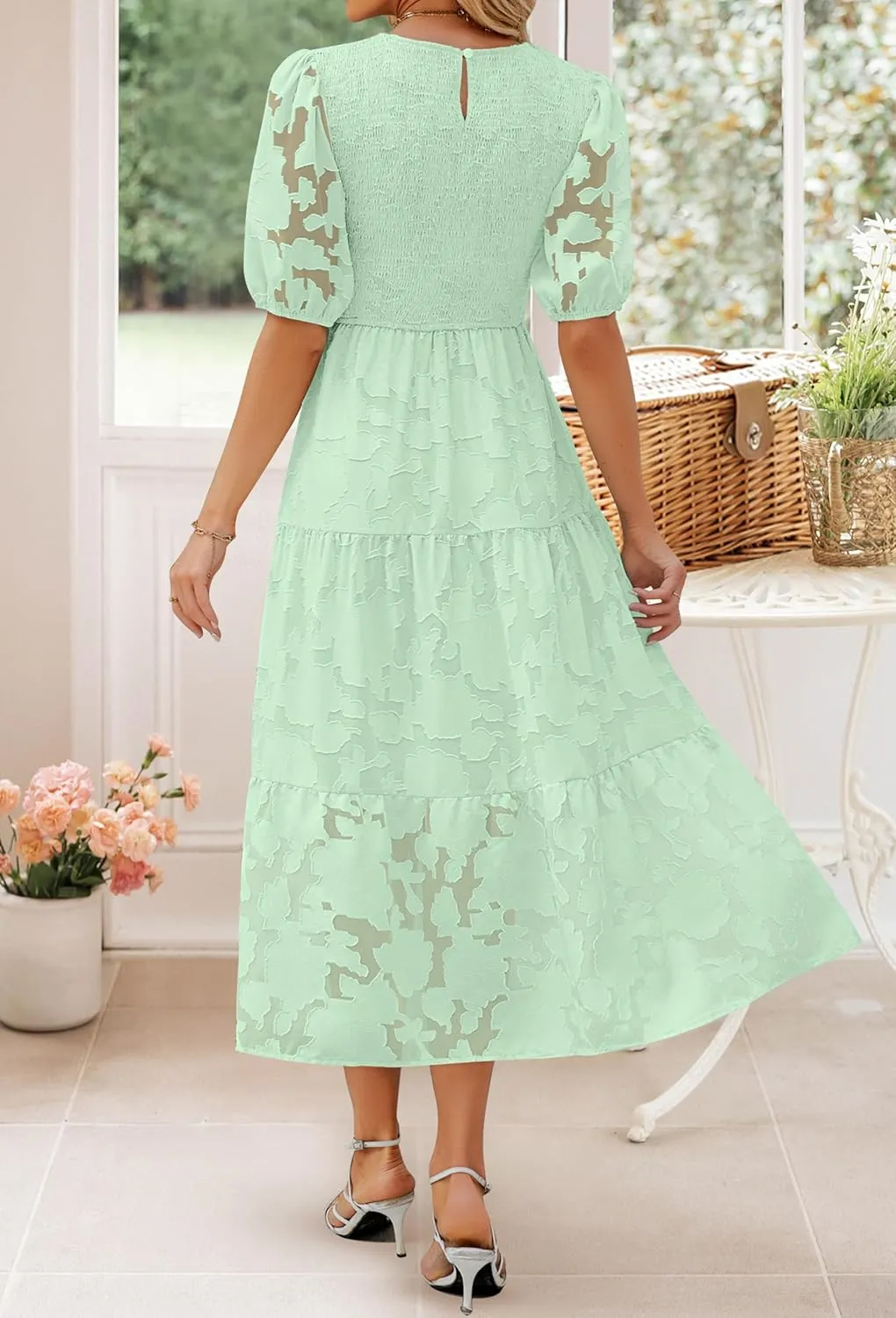 ZESICA Women's 2025 Summer Short Puff Sleeve Crewneck Smocked Floral Lace Flowy A Line Tiered Maxi Dresses