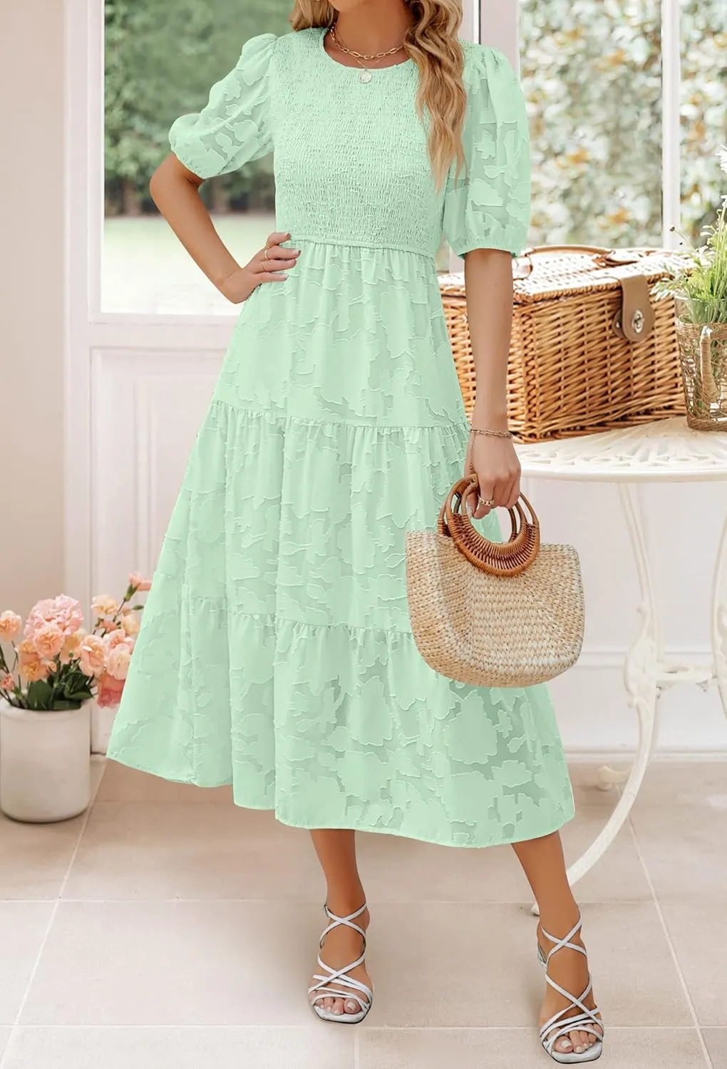 ZESICA Women's 2025 Summer Short Puff Sleeve Crewneck Smocked Floral Lace Flowy A Line Tiered Maxi Dresses