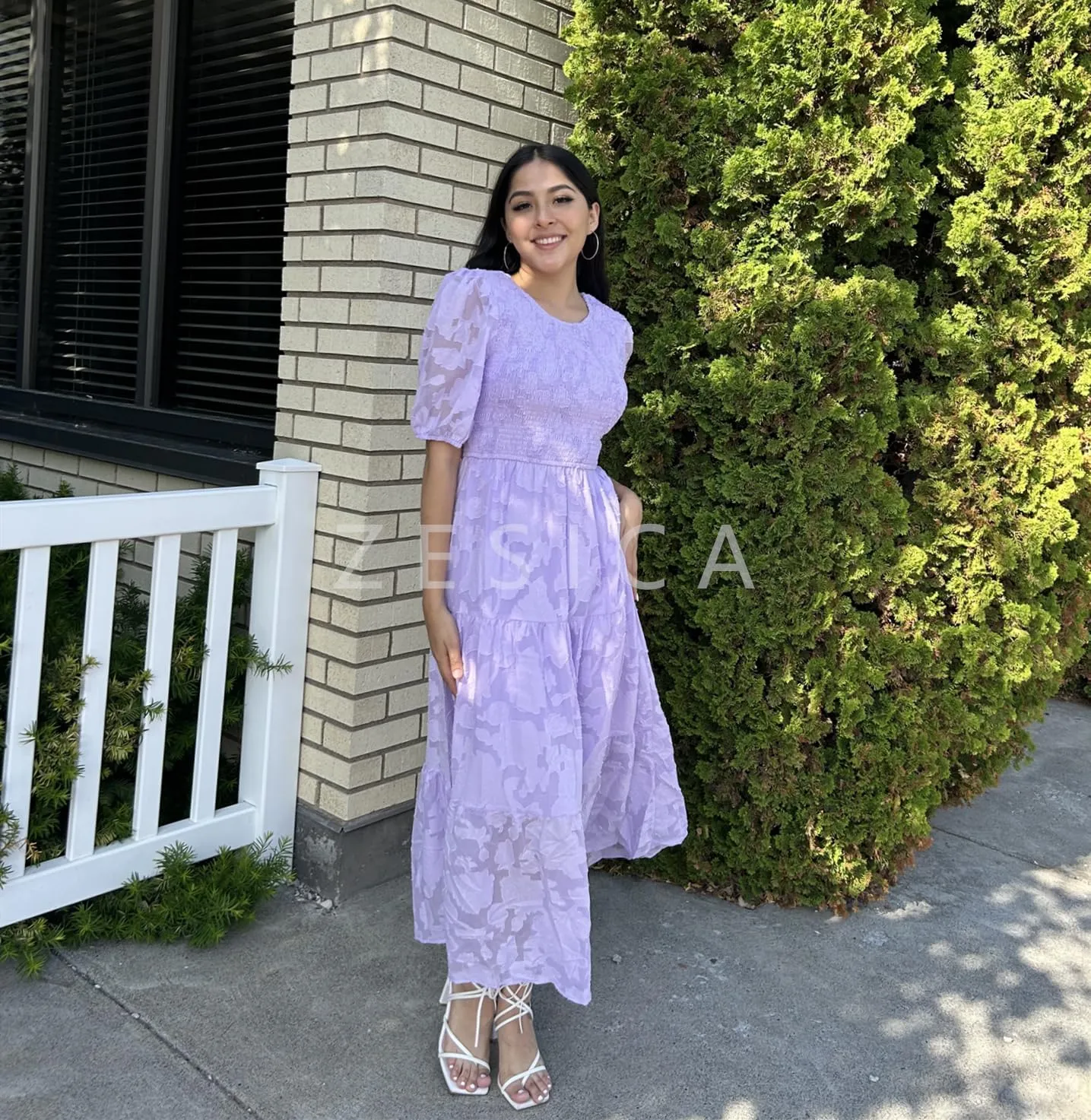 ZESICA Women's 2025 Summer Short Puff Sleeve Crewneck Smocked Floral Lace Flowy A Line Tiered Maxi Dresses
