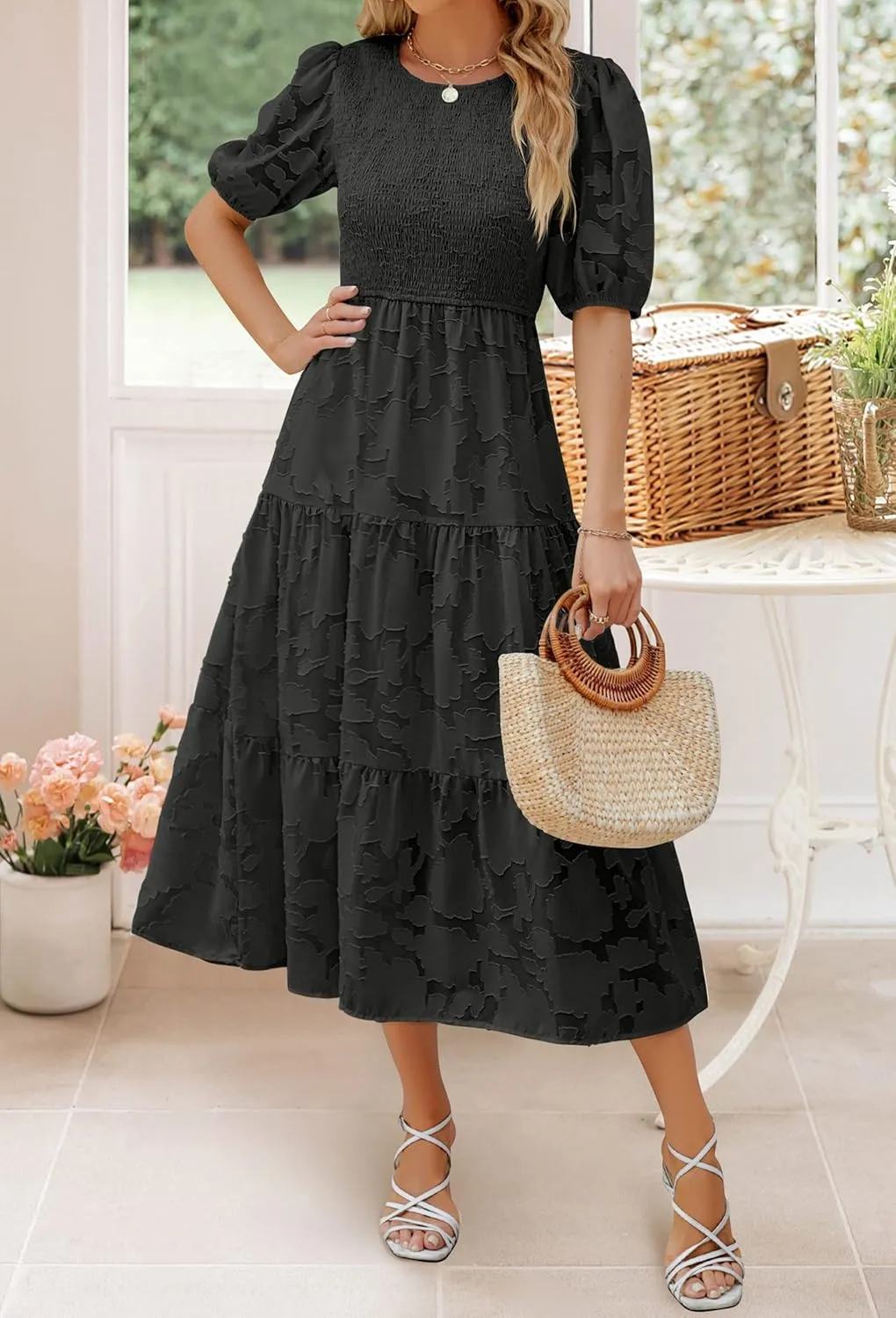 ZESICA Women's 2025 Summer Short Puff Sleeve Crewneck Smocked Floral Lace Flowy A Line Tiered Maxi Dresses