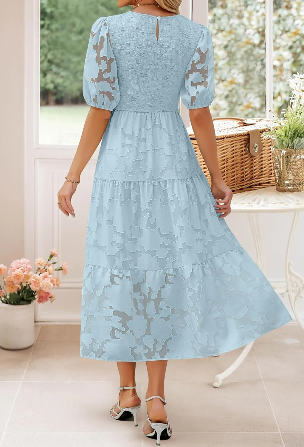 ZESICA Women's 2025 Summer Short Puff Sleeve Crewneck Smocked Floral Lace Flowy A Line Tiered Maxi Dresses