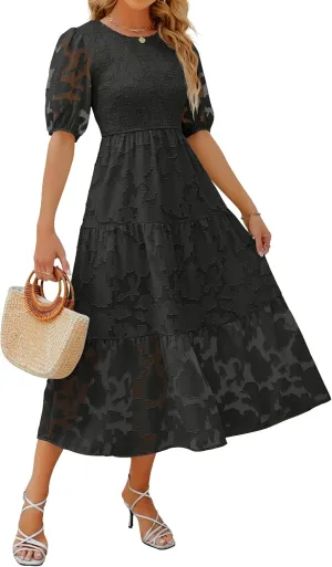 ZESICA Women's 2025 Summer Short Puff Sleeve Crewneck Smocked Floral Lace Flowy A Line Tiered Maxi Dresses