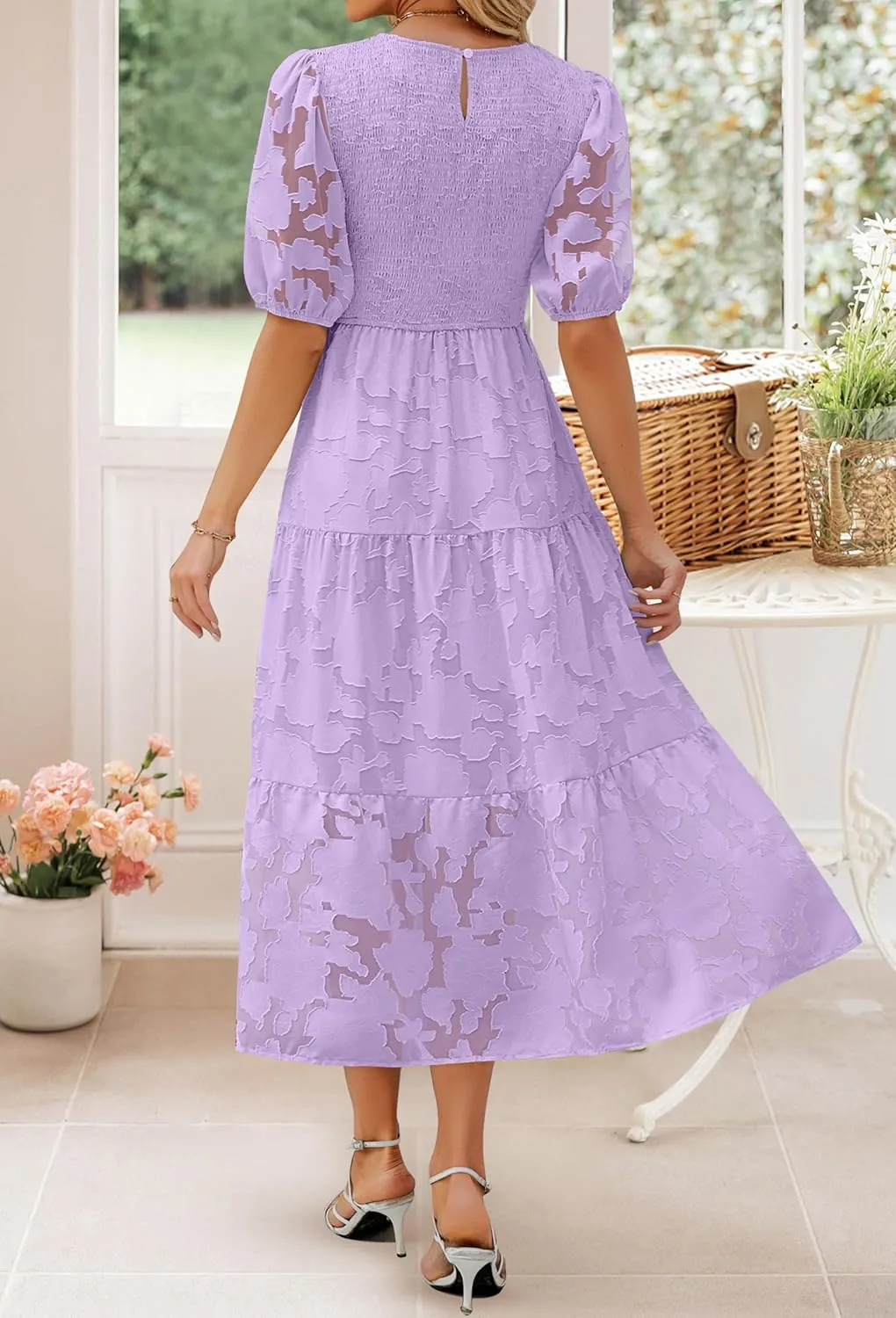 ZESICA Women's 2025 Summer Short Puff Sleeve Crewneck Smocked Floral Lace Flowy A Line Tiered Maxi Dresses