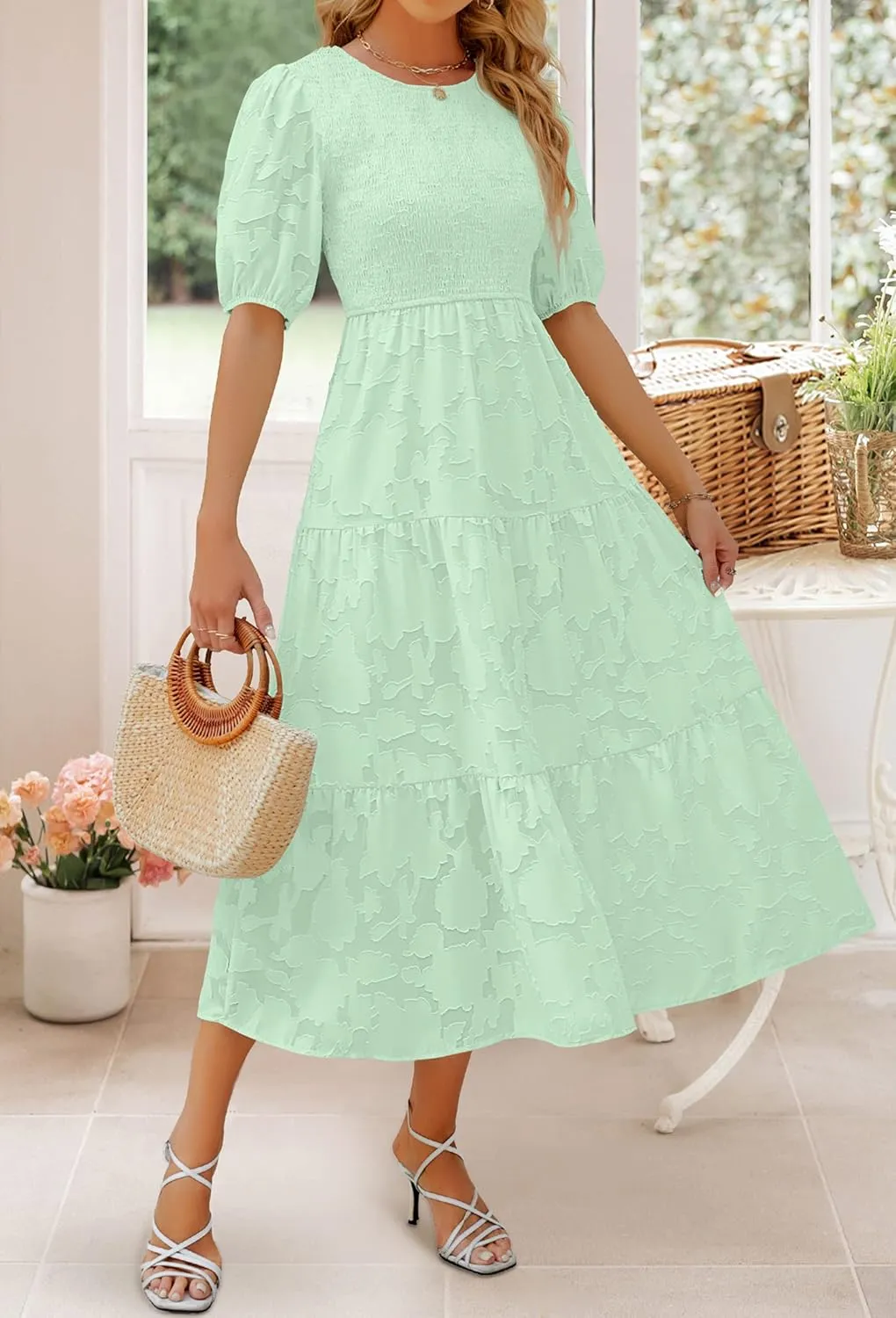 ZESICA Women's 2025 Summer Short Puff Sleeve Crewneck Smocked Floral Lace Flowy A Line Tiered Maxi Dresses