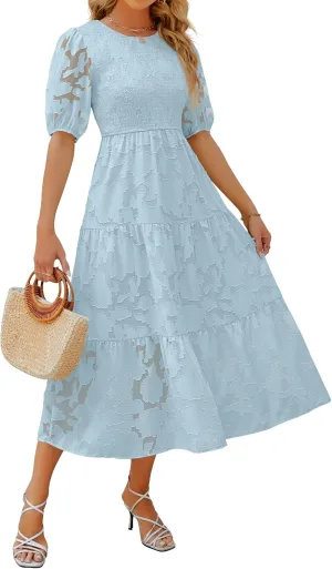 ZESICA Women's 2025 Summer Short Puff Sleeve Crewneck Smocked Floral Lace Flowy A Line Tiered Maxi Dresses