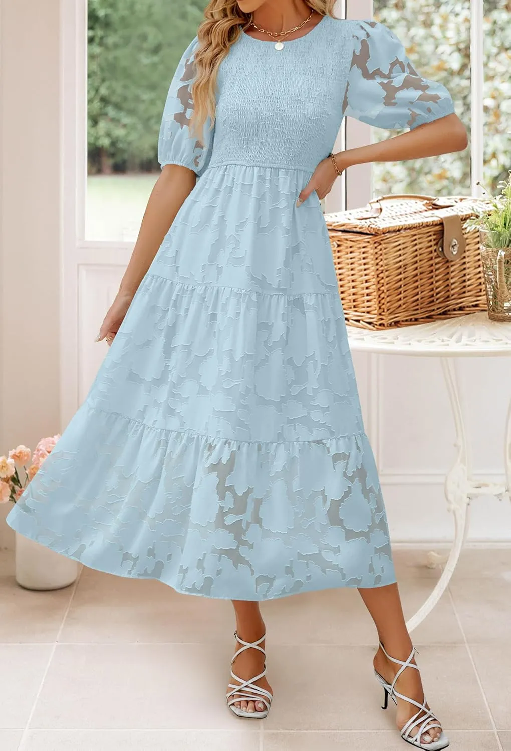 ZESICA Women's 2025 Summer Short Puff Sleeve Crewneck Smocked Floral Lace Flowy A Line Tiered Maxi Dresses