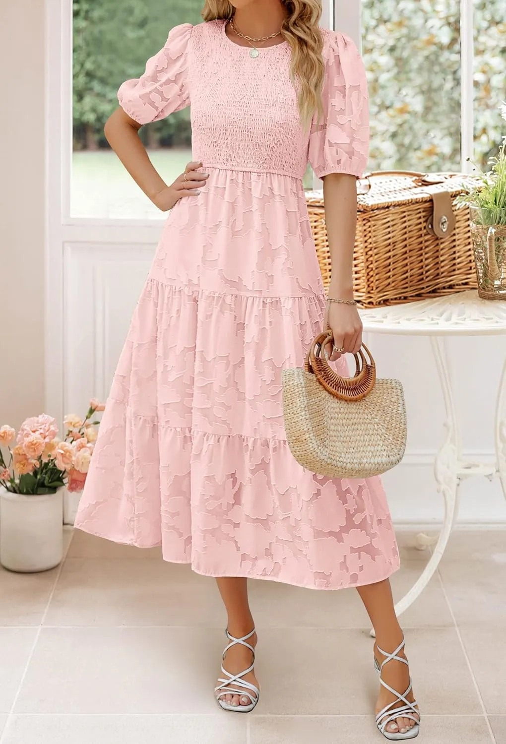 ZESICA Women's 2025 Summer Short Puff Sleeve Crewneck Smocked Floral Lace Flowy A Line Tiered Maxi Dresses