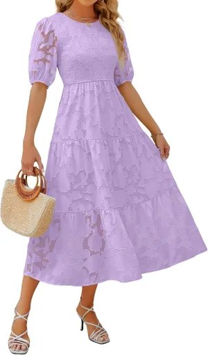 ZESICA Women's 2025 Summer Short Puff Sleeve Crewneck Smocked Floral Lace Flowy A Line Tiered Maxi Dresses