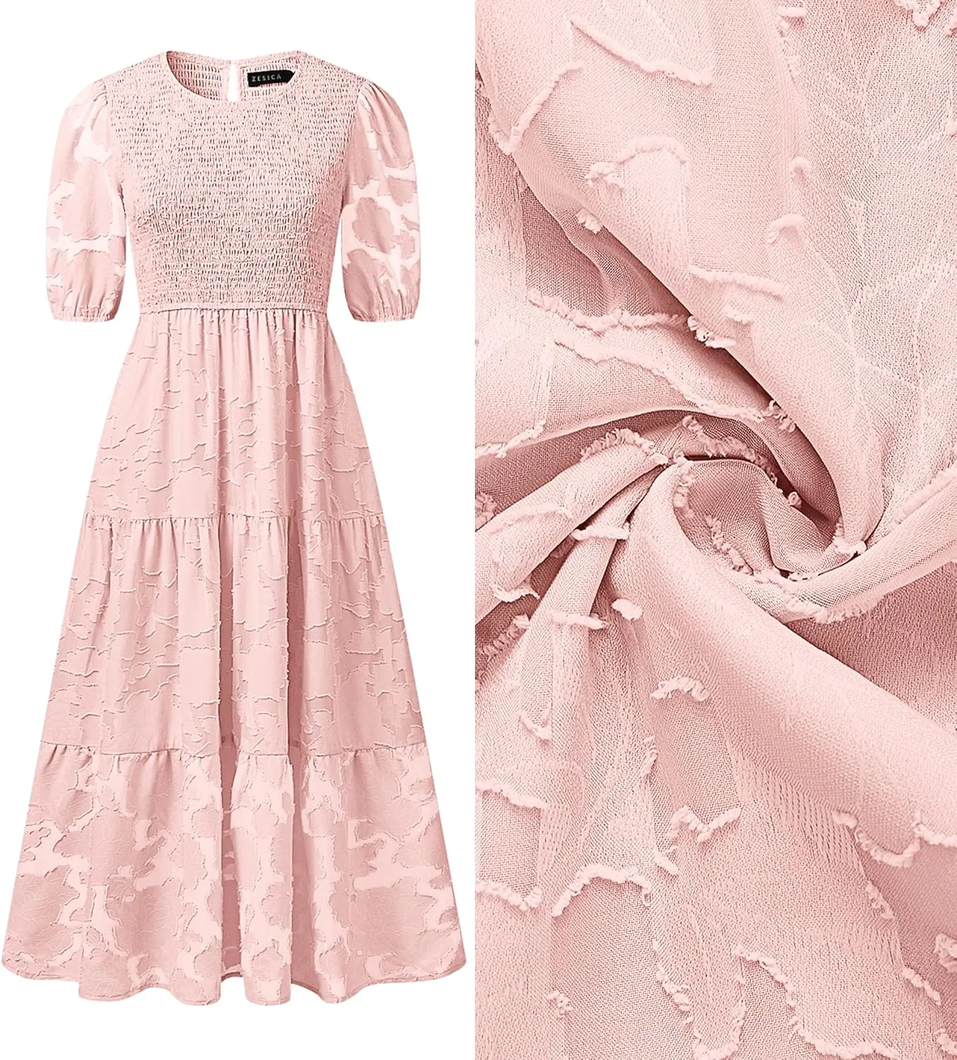 ZESICA Women's 2025 Summer Short Puff Sleeve Crewneck Smocked Floral Lace Flowy A Line Tiered Maxi Dresses