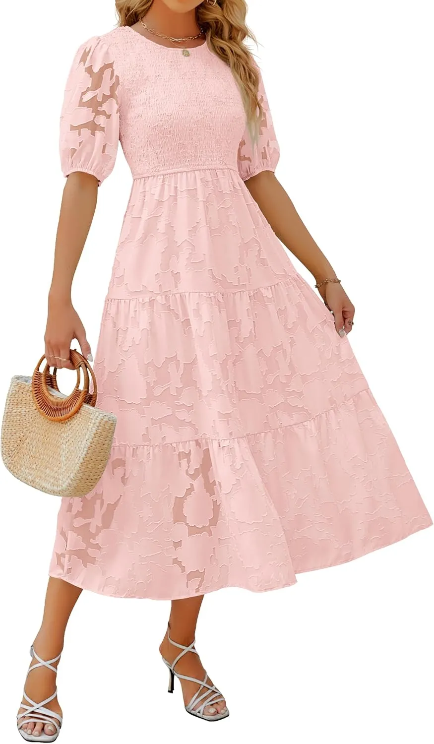ZESICA Women's 2025 Summer Short Puff Sleeve Crewneck Smocked Floral Lace Flowy A Line Tiered Maxi Dresses