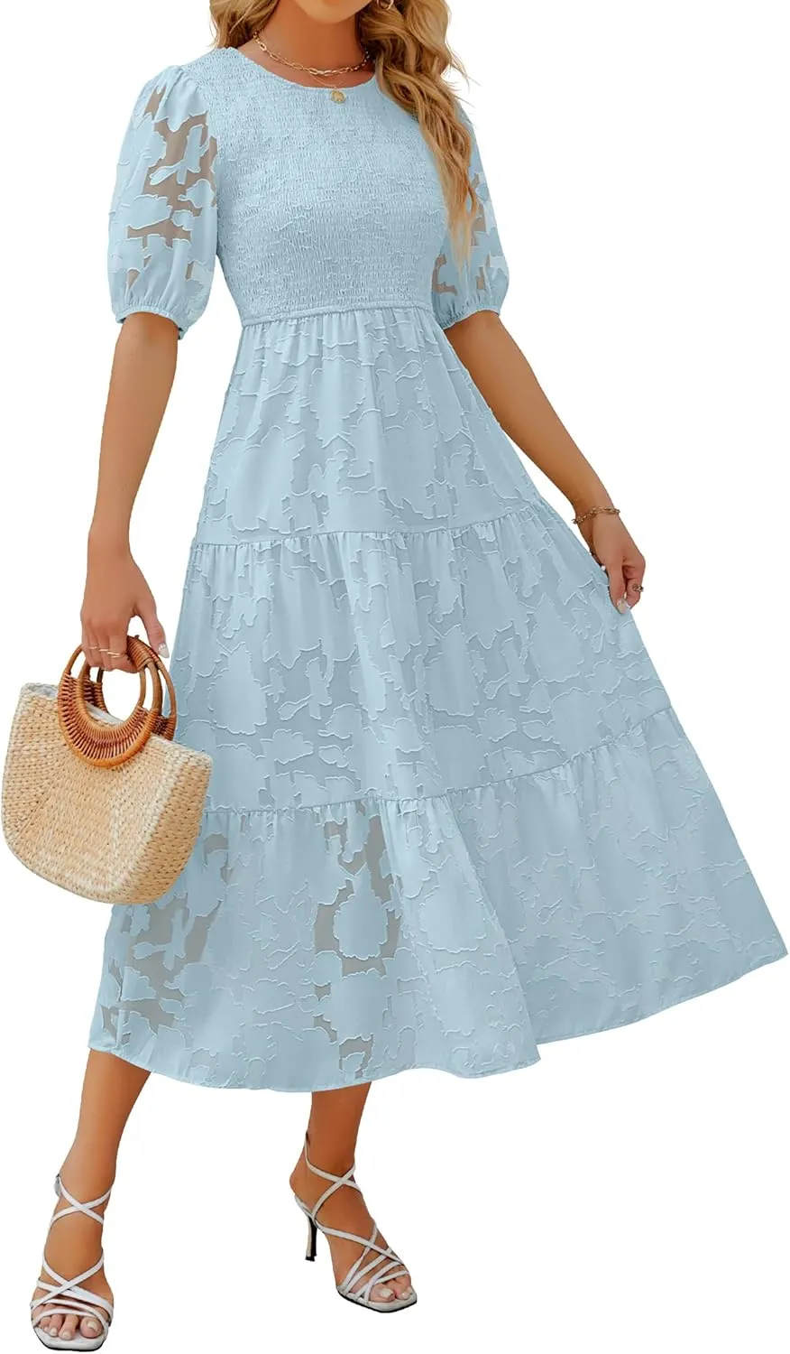 ZESICA Women's 2025 Summer Short Puff Sleeve Crewneck Smocked Floral Lace Flowy A Line Tiered Maxi Dresses